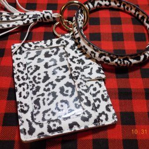 New white leopard print bracelet keychain with card and ID holder